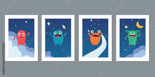 Kids wall art minimalist decor. Vector cute monster, virus, germ cartoon character in space. Germ and pathogen vector icons isolated on background. Four frame set hand drawn. Clouds, spaceship, sun.