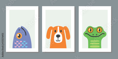 Kids wall art vector collection. Cute hand drawn design with baby animal. Wallpaper background design for child room adorable decoration. Nursery toy cards and cover. Snake, dog and fish vector.