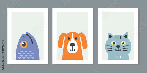 Kids wall art vector collection. Cute hand drawn design with baby animal. Wallpaper background design for child room adorable decoration. Nursery toy cards and cover. Cat, dog and fish vector.