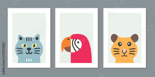 Kids wall art vector collection. Cute hand drawn design with baby animal. Wallpaper background design for child room adorable decoration. Nursery toy cards and cover. Cat, parrot and tiger vector.