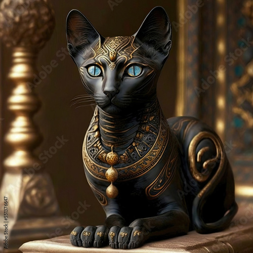 Black Egyptian cat with beautiful gold jewelry on a dark background. Figurine of a black Egyptian cat goddess Bastet. 
