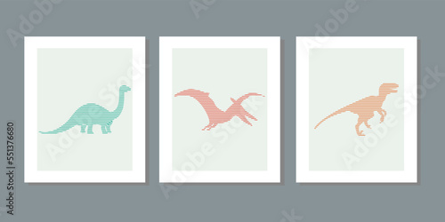 Three frame set of illustrations with cute dinosaurs on a white background. Hand drawn cartoon dinos vector for children, girl, boy. For postcard, wall, poster kids room fabric fashion shirt clothes.
