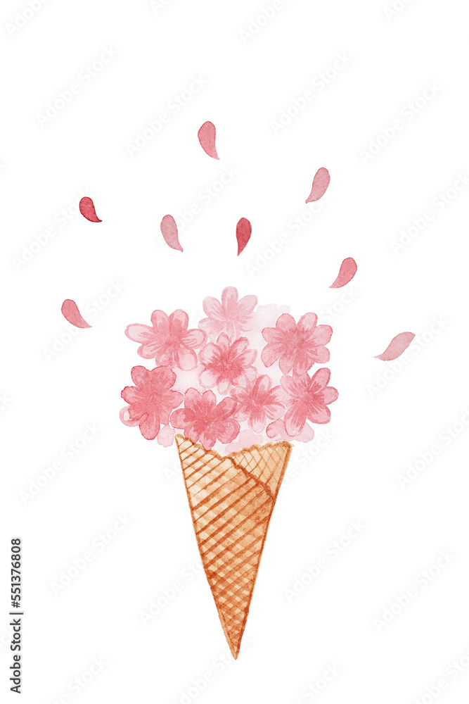 Ice cream cone with pink flowers and petal on white background Ice cream cone with pink flowers and petal on white background