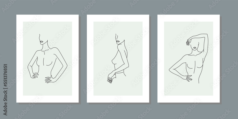 Elegant one line sketches of female abstract face. Drawing minimalist line style. Trendy illustration continuous minimal art. Beauty woman body figure. Print of three frame set, contour, cosmetics.
