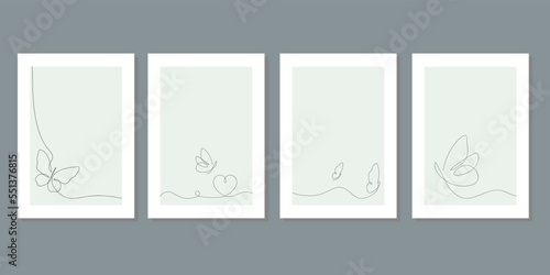 Butterfly continuous line drawing elements set isolated on white background for logo or decorative element. Vector illustration of various forms in trendy outline style. Wall art minimalist canvas. 