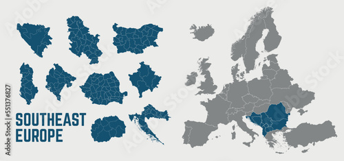Southeast Europe map. Balkans map Serbia, Croatia, Bulgaria, North Macedonia, Romania, Albania maps with regions. Europe map isolated on white background. High detailed. Vector illustration	 photo