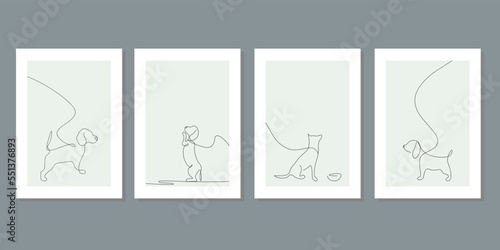 Cute dog animal continuous line drawing elements set isolated on white background decorative element. Vector illustration of various forms in trendy outline style. Wall art minimalist canvas. 