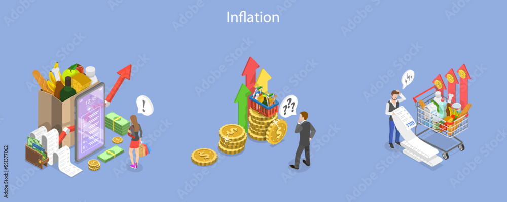 Obraz premium 3D Isometric Flat Vector Conceptual Illustration of Inflation, Price Rising, Reduction in the Purchasing Power of Money