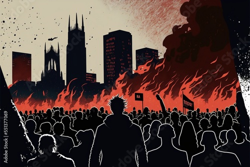 City in fire. Demonstration. 