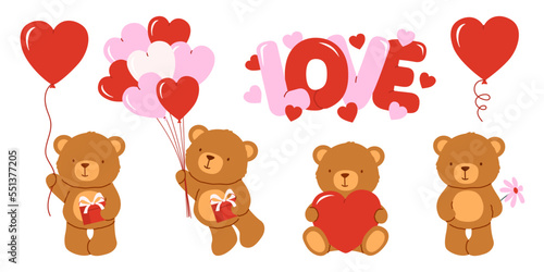 Plush bear character with heart balloons. Collection of illustrations with cute bear holding pink and red balloons. Flat vector illustration