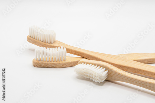 Close-up of bamboo toothbrushes