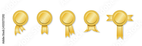 Gold medal with ribbon, circle award set vector illustration. 3D Golden winner abstract badge, medallion for champion, shiny trophy prize design collection circle shape isolated on white. 10 EPS.