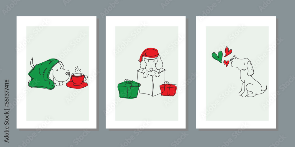 Fototapeta premium Winter thema cute dog, animal continuous line drawing elements set. A dog in a blanket, loving, playing with gift wrap, being sick, drinking his hot tea. Trendy outline style. Wall art minimal canvas 
