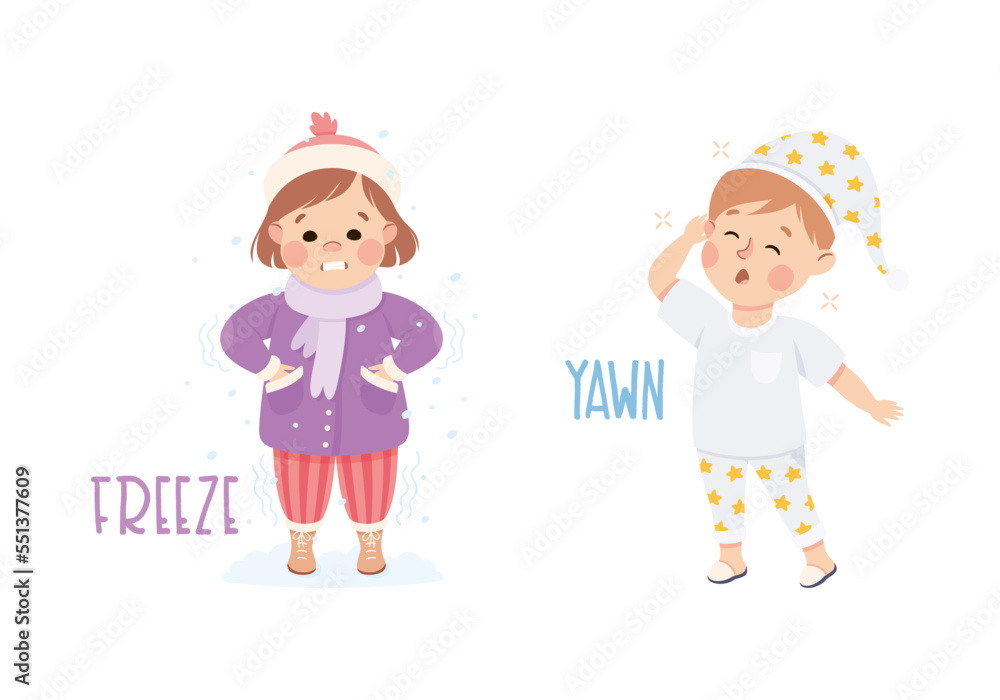 Little Boy and Girl Freezing and Yawning Demonstrating Vocabulary and Verb Studying Vector Set Little Boy and Girl Freezing and Yawning Demonstrating Vocabulary and Verb Studying Vector Set