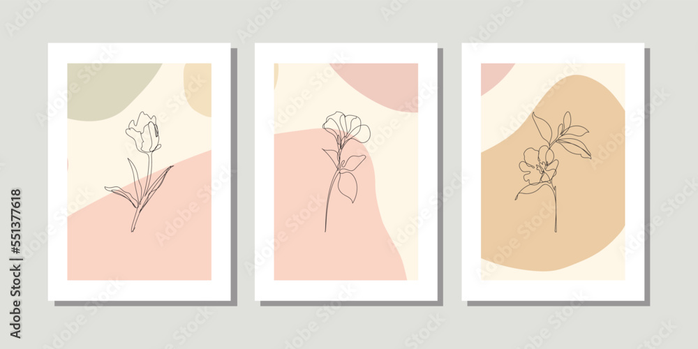 Trendy outline style. Wall art foliage minimal canvas vector. Hand drawn flowers leaves with green texture, line art. Botanical poster set for wall decoration, interior, wallpaper, banner. Pastel colo