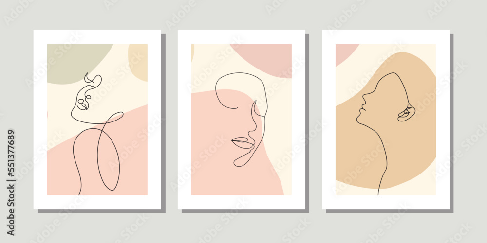 Elegant one line sketches of female abstract face. Drawing minimalist line art. Trendy illustration continuous minimal print. Beauty woman face figure. Print of three frame set, colorful, cosmetics.
