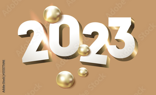 2023 golden white decoration holiday on beige background. Gold foil numbers 2023 with realistic festive objects, Horizontal banner. Happy new year vector illustration.