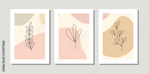 Trendy outline style. Wall line art foliage minimal canvas. Hand drawn leaf branch, leaves with green texture. Botanical poster set for wall decoration, interior, wallpaper, banner. Pastel colorful
