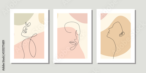 Elegant one line sketches of female abstract face. Drawing minimalist line art. Trendy illustration continuous minimal print. Beauty woman face figure. Print of three frame set, colorful, cosmetics.
