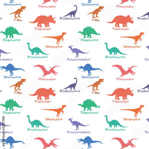 Vector hand drawn colored seamless repeating childrens pattern with cute dinosaurs. Scandinavian style on white background.Print for T-shirts  textiles  wrapping paper  web.