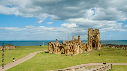Establishing shot of the Tynemouth Priory and Castle, once one of the largest fortified areas in Northumberland, England, UK photo