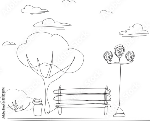 Horizontal seamless pattern with trees, bench, mountains. Spring cityscape continuous one line vector drawing. Ss element for background, cover, banner, social media. Drawn silhouette clipart