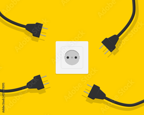 Electric socket and many plugs with wires. Power grid overload concept. Power supply and charging of electrical appliances. Vector illustration.