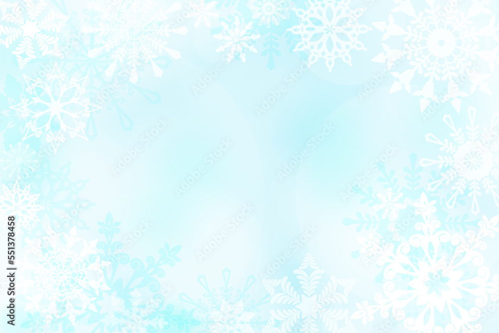 Elegant snowflake winter sky in light blue and white colors. Snowflake wallpaper background. Snowy winter wonderland scene with copy space. Blizzard background