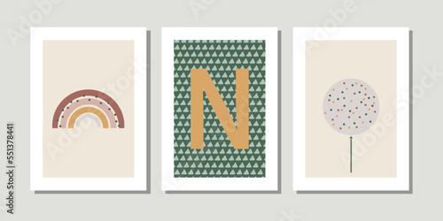 Kids, child art interior home decor. Letter N. 3 pieces frame canvas wall art. Colorful prints with shapes, Rainbow, balloon. Element for design. Three vertical frame posters on floor with white walls