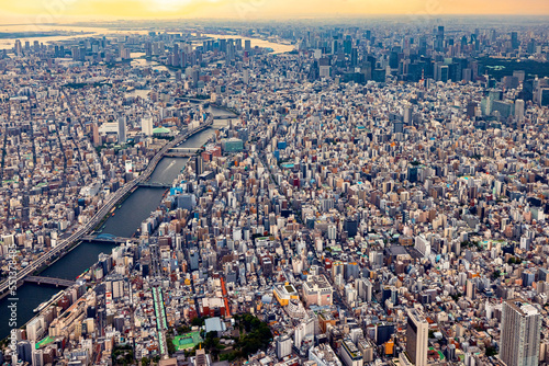 Aerial view of the Sumida River in Tokyo  Japan