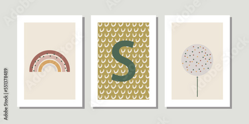 Kids, child art interior home decor. Letter S. 3 pieces frame canvas wall art. Colorful prints with shapes, Rainbow, balloon. Element for design. Three vertical frame posters on floor with white walls