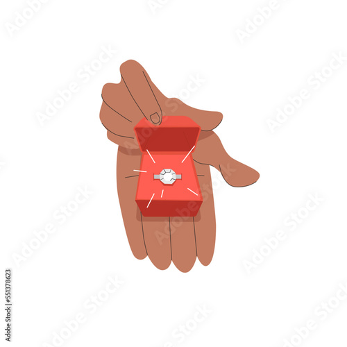 The concept of hands opening a red box with an expensive ring. An offer of marriage. Flat doodle vector illustration