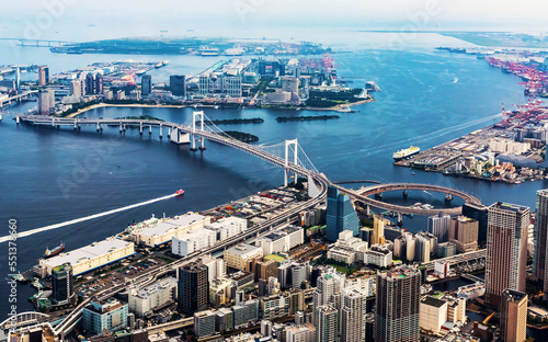 Photography Aerial view of the Rainbow Bridge in Odaiba, Tokyo, Japan