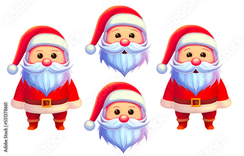 Cartoon Santa with different face expressions isolated on white background. Collection of digital illustrations