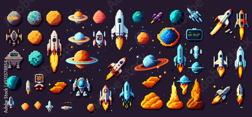 Space game asset 8 bit pixel art. Galaxy planets, rockets. Vector illustration
