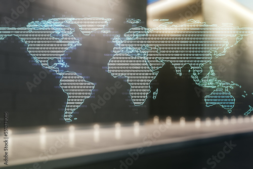 Abstract creative world map interface on blurry modern office building background, international trading concept. Multiexposure