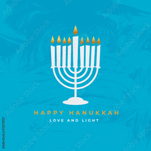 Happy Hanukkah poster with creative symbols in flat style. Modern design for card, web, banner, typography. Vector illustration. Modern design isolated on blue background.