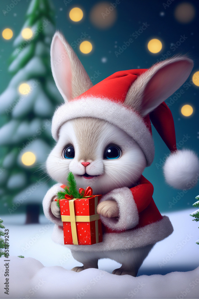 A cute smiling rabbit character in Santa Claus clothes holds a gift in his paws. A cute smiling rabbit character in Santa Claus clothes holds a gift in his paws.