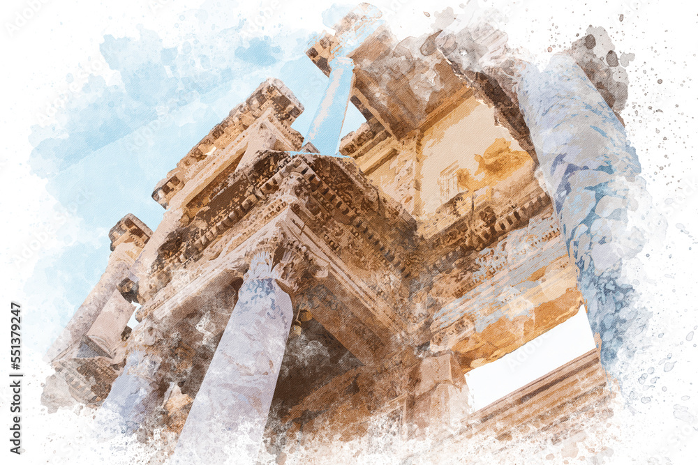 Watercolor illustration of Ephesus ancient city. Watercolor ...