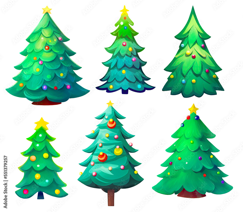 Cartoon Christmas trees isolated on white background. Collection of digital illustrations.