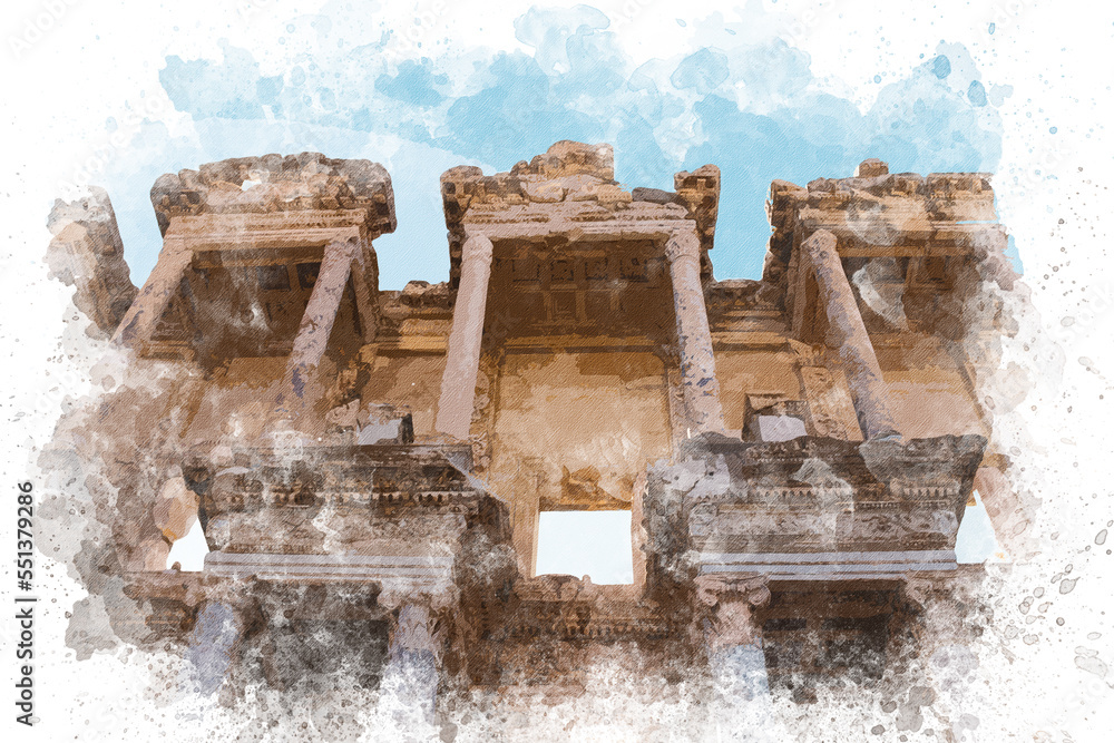 Watercolor illustration of Ephesus ancient city. Watercolor ...