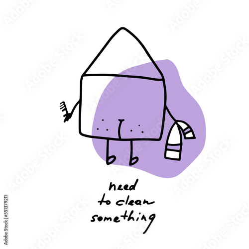 The envelope goes to wash with a towel in hand, view from the back. Funny isolated vector illustration.