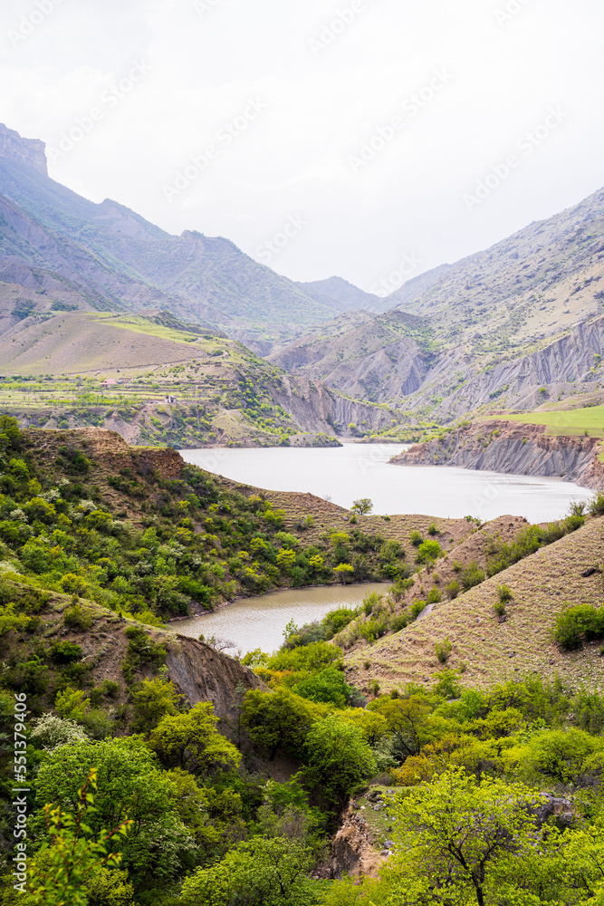 Dagestan mountains and landscape, beautiful views and spectacular beauty and the river flows between the mountains and the canyon