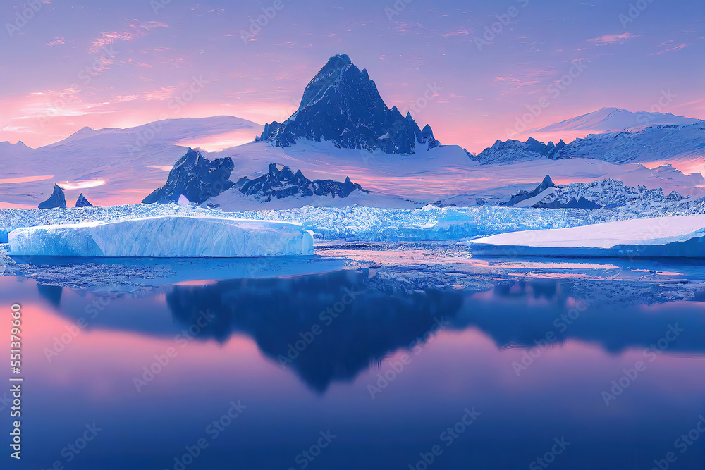 Mountain with icebergs in antarctica landscape scene