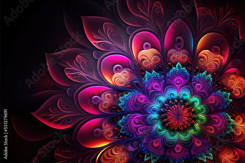 Hypnotic fractal mandala pattern in colorful neon colors as background illustration photo