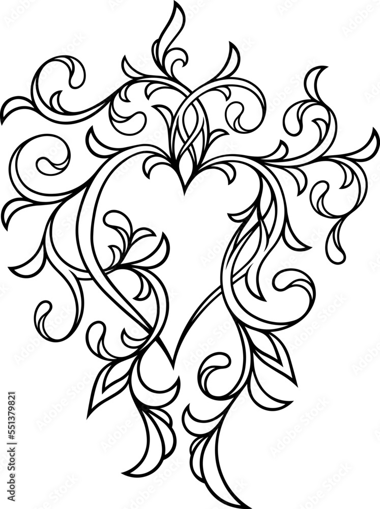 Stylized contour Victorian ornament with heart. Tattoo, ornamental design element, for mehndi, valentine and wedding decor