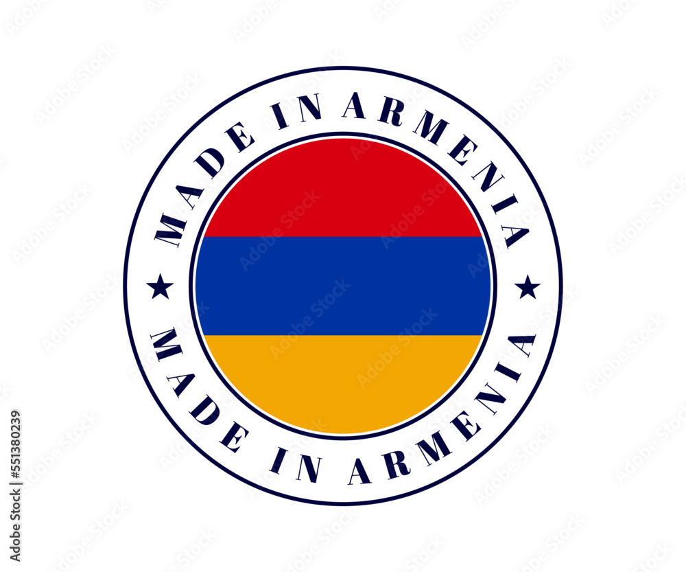 Made in Armenia circle label. Armenia flag, Armenian emblem for product, Armenian flag label on white background. Made in Armenia circle label. Armenia flag, Armenian emblem for product, Armenian flag label on white background.