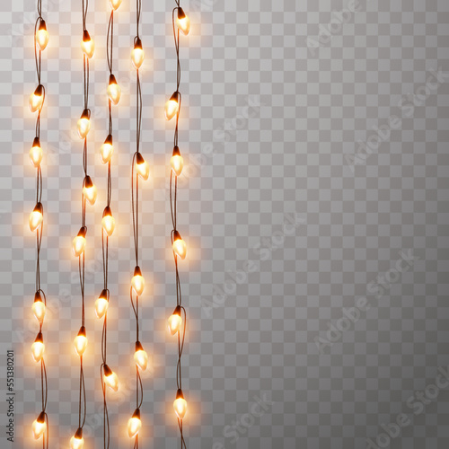 Lights bulbs isolated on transparent background. Glowing yellow Christmas vertical garland strings, festival or carnival street decorations. Vector New Year party decor elements