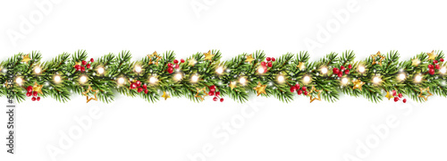 Border with green fir branches, gold stars, red berries, lights isolated on white background. Pine, xmas evergreen plants seamless banner. Vector Christmas tree garland decoration