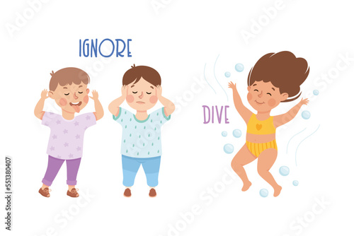 Little Boy and Girl Ignoring and Diving Demonstrating Vocabulary and Verb Studying Vector Set